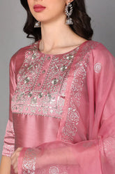 Poly Silk Embroidered Kurta Trousers Dupatta-PKSKD1432